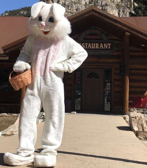 Easter Bunny in front of the Latchstring Restaurant