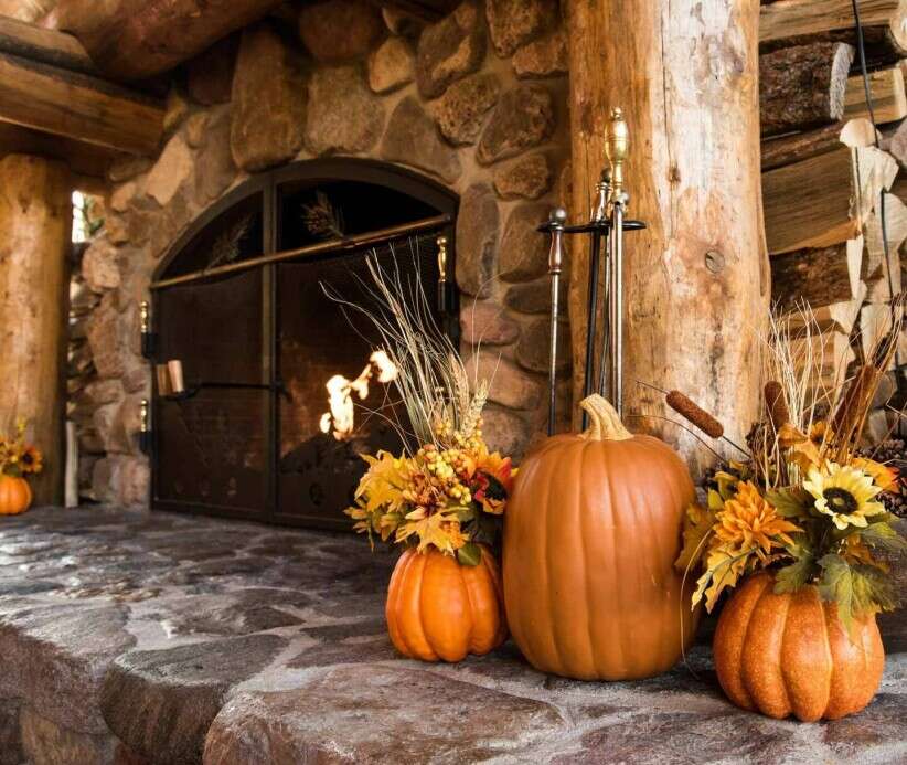 Thanksgiving decor in front of fireplace at the Spearfish Canyon Lodge