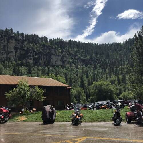 Spearfish Canyon Lodge Parking lot with Motorcycles 