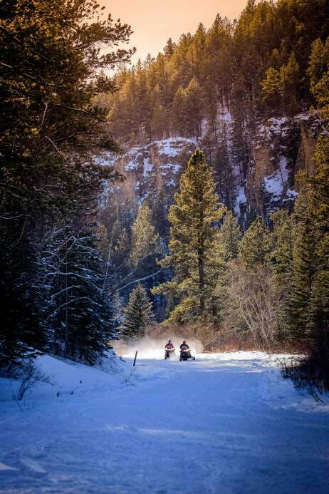 Snowmobiling on Black Hills Trails in beautiful Spearfish Canyon