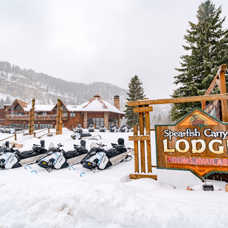 Spearfish Canyon Lodge with snowmobiles in front of building 