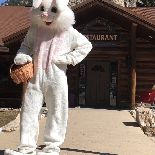 Easter Bunny in front of the Latchstring Restaurant