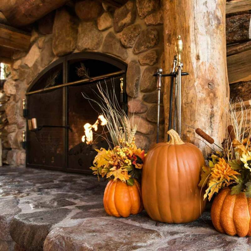 Thanksgiving decor in front of fireplace at the Spearfish Canyon Lodge